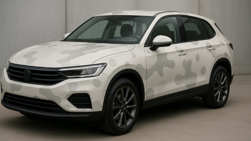 A camouflage wrap with minimal design wrapped on an SUV