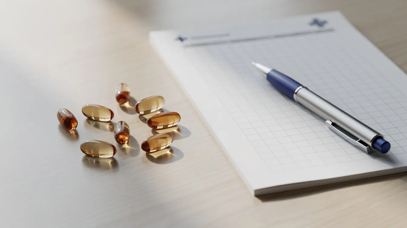The image features a collection of niacin supplements in capsule form placed next to a medical notepad and a pen on a desk, suggesting a focus on health management and dietary intake. This setting highlights the importance of niacin for heart health and cholesterol levels, as well as its role in anti-aging and overall wellness.