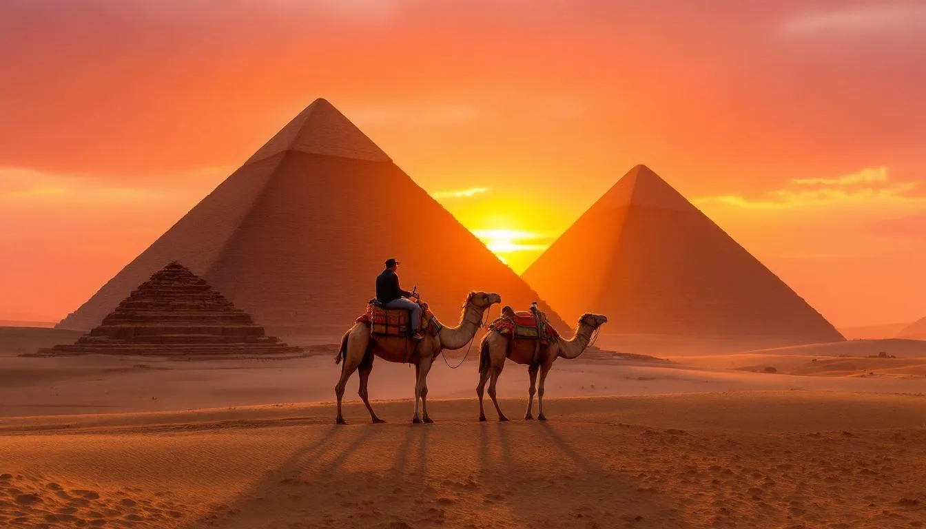 A imagem mostra as majestosas pirâmides de Gizé ao nascer do sol, com camelos em primeiro plano, simbolizando a rica história do Egito Antigo. O cenário revela a beleza do deserto e a grandiosidade das construções, que são um dos principais pontos turísticos do roteiro de viagem pelo Egito.