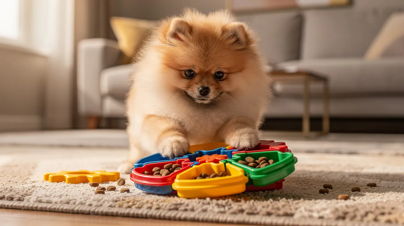A small Pomeranian dog with a fluffy coat is joyfully playing with a colorful puzzle toy on the living room floor, showcasing its active nature and playful spirit. The vibrant toy adds a cheerful touch to the cozy indoor setting.