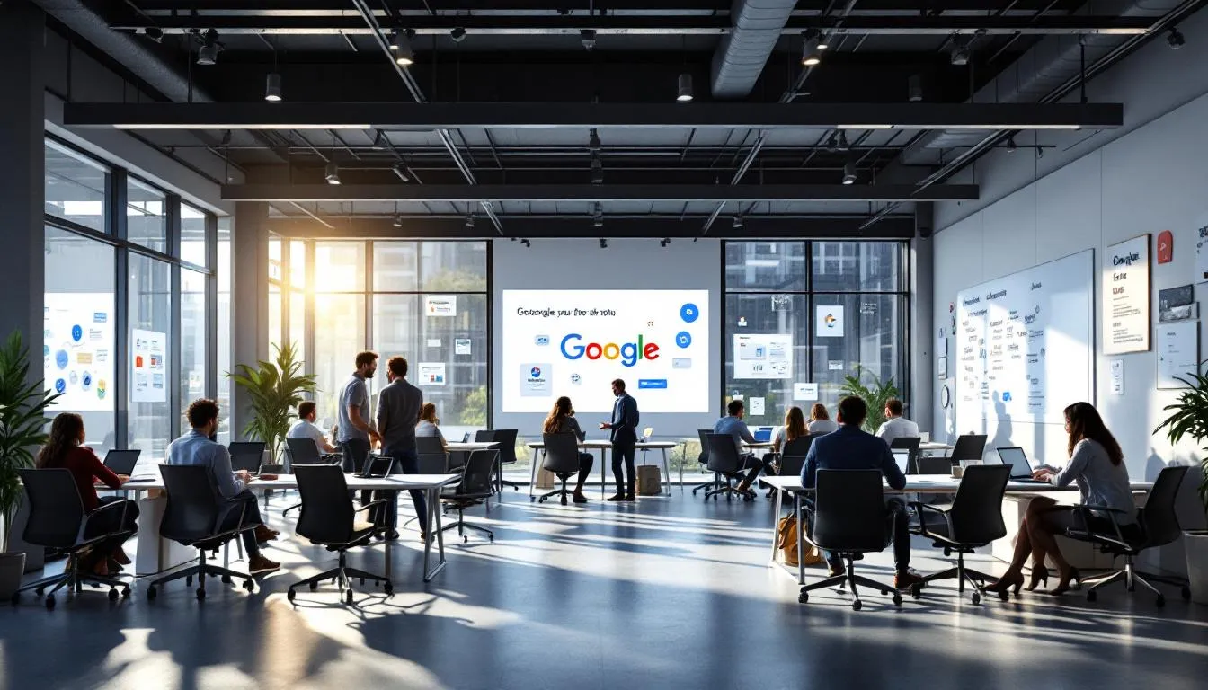 In the UK office, a diverse team from a leading digital marketing agency collaborates to explore innovative Google office extensions, aiming to empower brands and drive growth through creative digital marketing strategies. The atmosphere is filled with enthusiasm as they discuss big ideas and strategies to deliver measurable results for their clients.