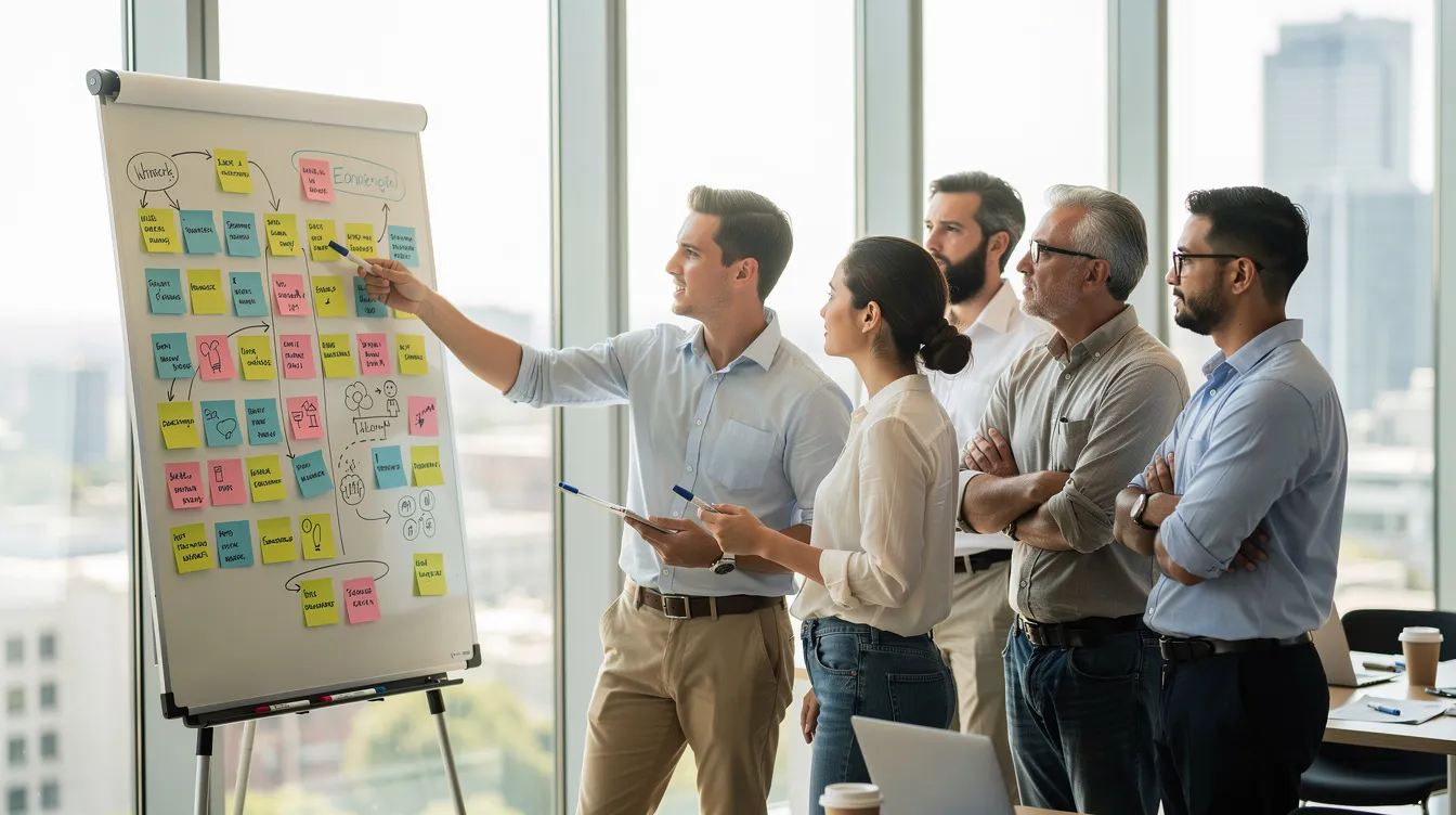 Un groupe de collègues se tient autour d'un tableau blanc recouvert de notes autocollantes colorées, illustrant un processus d'innovation en entreprise lors d'un atelier créatif. Cette scène met en avant la collaboration et la créativité, essentielles pour stimuler l'innovation et la mise en œuvre de nouvelles idées.