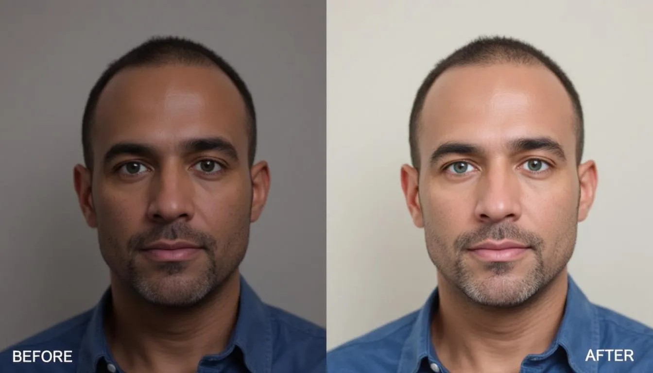 En la imagen se muestra una técnica profesional de corrección cromática, presentando un antes y un después de una persona. Se destacan los cambios en el maquillaje, resaltando la aplicación de colores complementarios y la teoría del color para mejorar el tono de piel y lograr un look armonioso.