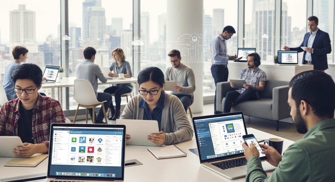 Students, employees, and contractors accessing secure virtual desktops from laptops, tablets, and smartphones with seamless cloud connectivity.