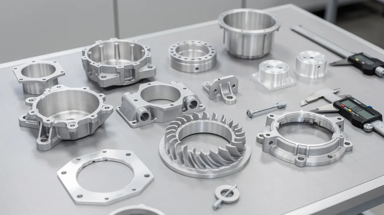 The image shows multiple precision-machined aluminum aerospace components neatly arranged on an inspection table, highlighting the quality and accuracy achieved through advanced CNC technology and industrial CNC machines. Each component showcases intricate designs that are essential for high-speed cutting and production in aerospace manufacturing.