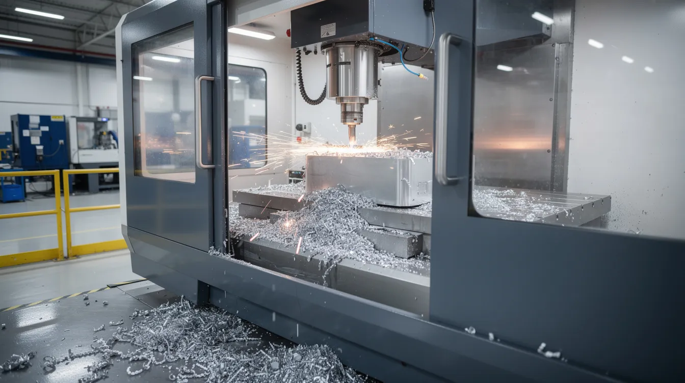 The image features a modern CNC milling machine surrounded by metal shavings on a factory floor, showcasing precision machining in action. This setup highlights the capabilities of CNC machine shops in producing high-quality machined parts for various industries.