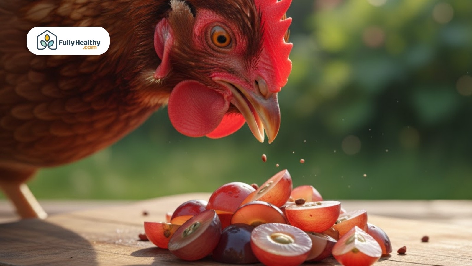 Close-up of chicken pecking seeded grapes scattered on a wooden surface