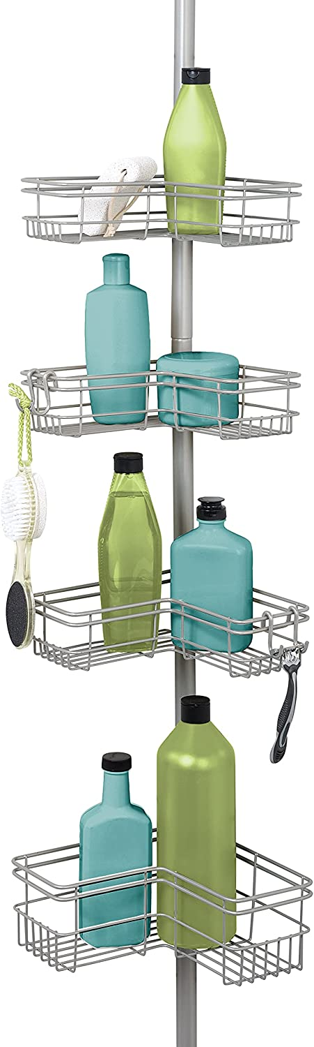 metal shower caddy with green and blue shower bottle essentials
