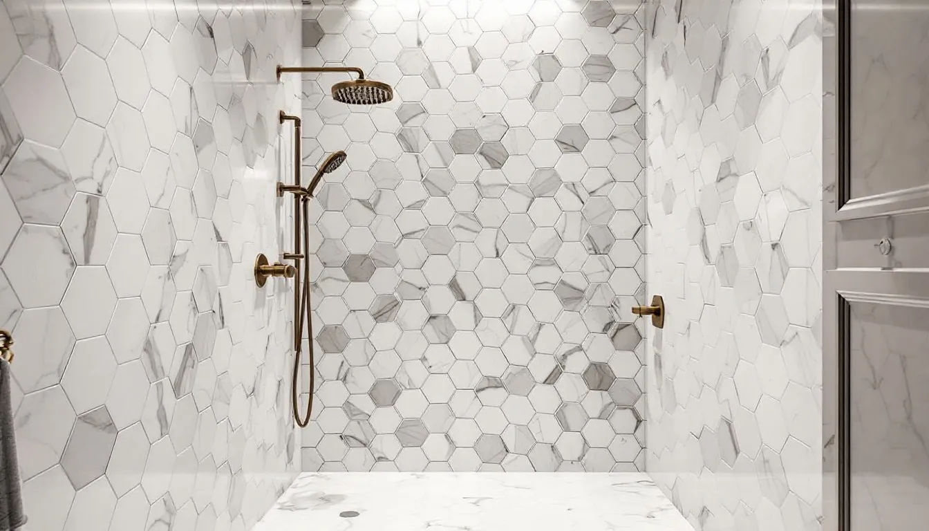 An elegant walk-in shower showcases hexagon marble tiles on the shower walls and floor, complemented by sleek brass fixtures, creating a luxurious space in a master bathroom. The design features clean lines and warm hues, enhancing the overall bathroom design with a modern touch.