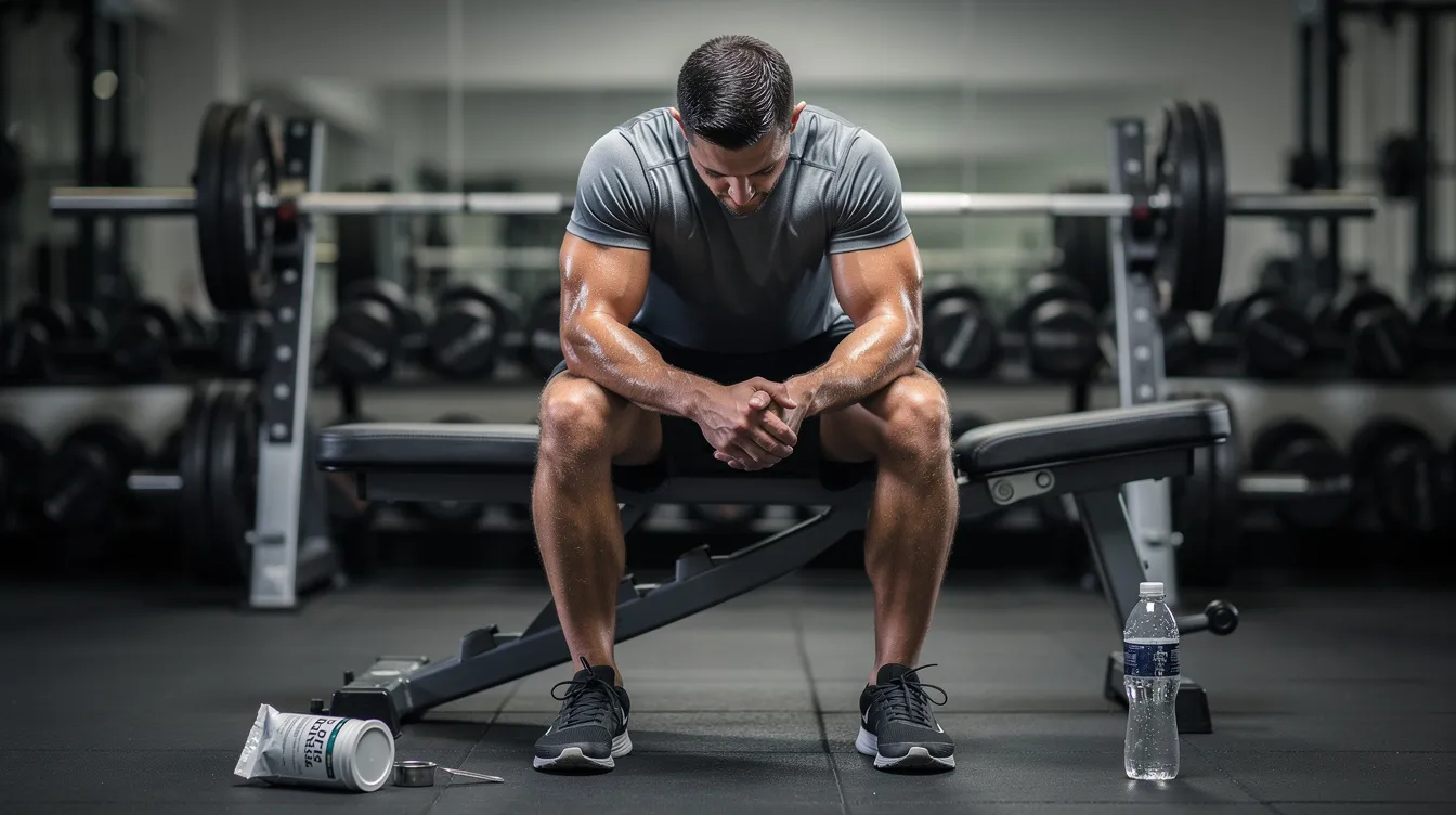 A focused male athlete is resting on a gym bench between sets, with a water bottle and a stackable supplement pack nearby, suggesting he is preparing to enhance testosterone levels and boost muscle mass during his training sessions. The scene emphasizes his commitment to achieving greater gains and improving overall performance through natural hormone boosters.