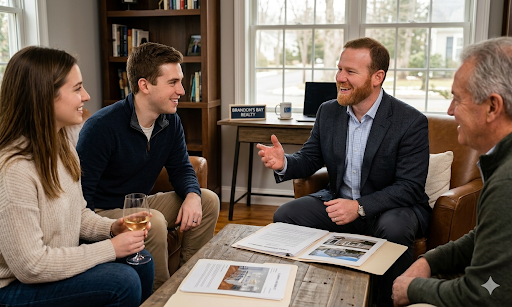 A professional headshot of a confident real estate agent in his early-to-mid 30s, featuring brownish-red hair and light scruff, dressed in a tailored dark suit. His approachable expression suggests he is ready to assist prospective property consumers in the competitive Connecticut shoreline market.