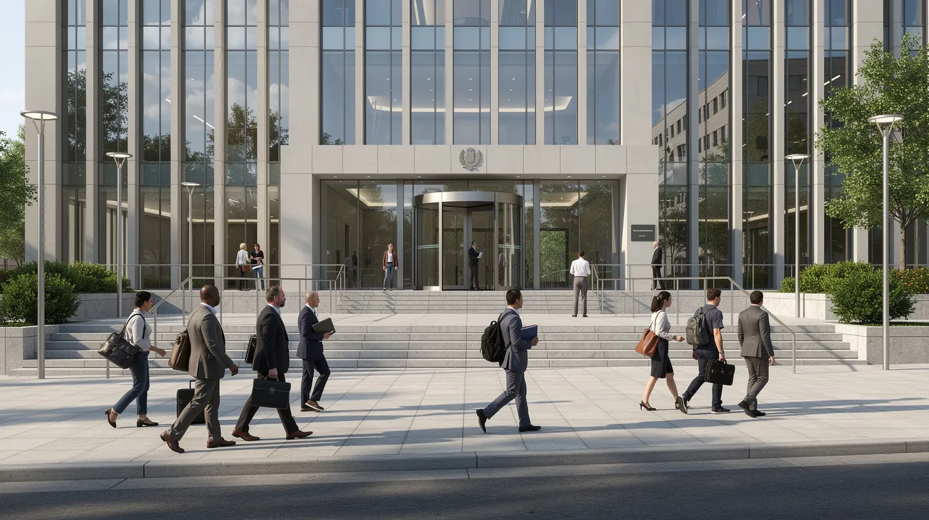 A diverse group of people is walking outside a modern government office building, which likely houses services related to HM Revenue and Customs (HMRC). The building represents the UK's public services, where individuals may visit for assistance with tax returns, online services, and targeted financial support.