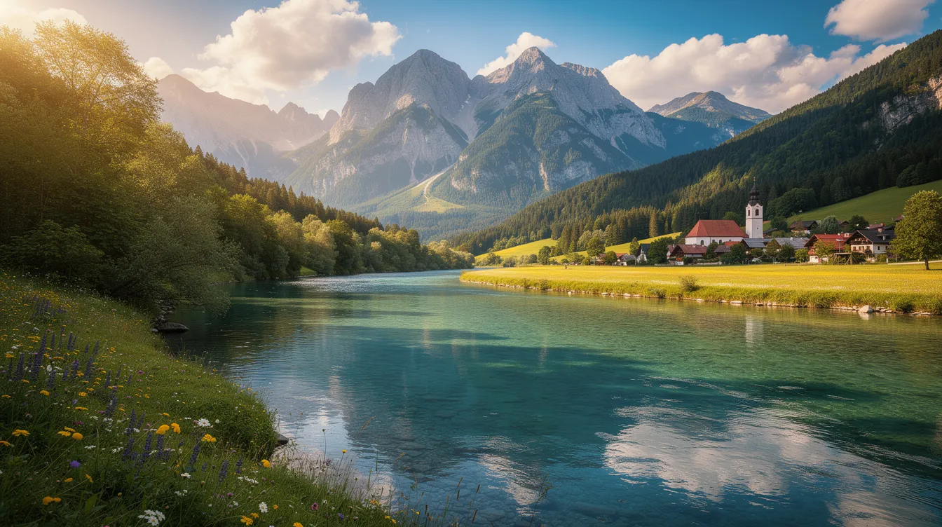A imagem retrata uma vista deslumbrante da Eslovênia durante o verão, com montanhas verdes ao fundo e um céu azul claro. O rio Danúbio serpenteia pela paisagem, enquanto a cidade exibe seu charme histórico com ruas e igrejas encantadoras, convidando a uma viagem inesquecível.