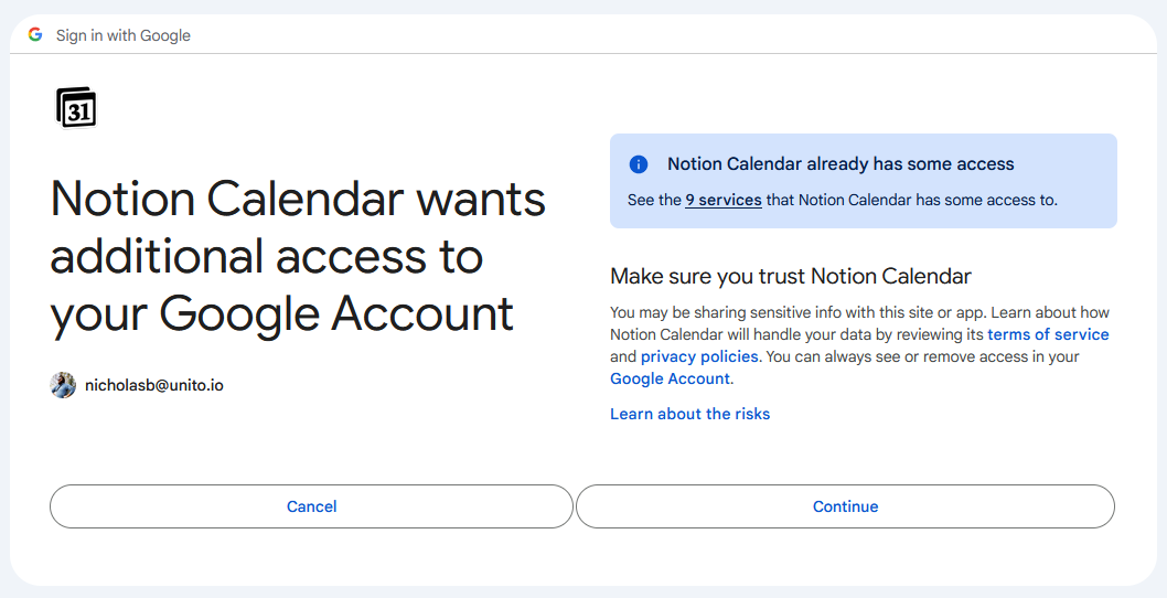 A screenshot of a prompt to give Notion access to Google calendar.