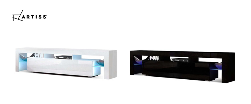 Two Artiss RGB LED entertainment units, in white and black. Both have a high gloss UV finish and are backlit in blue.