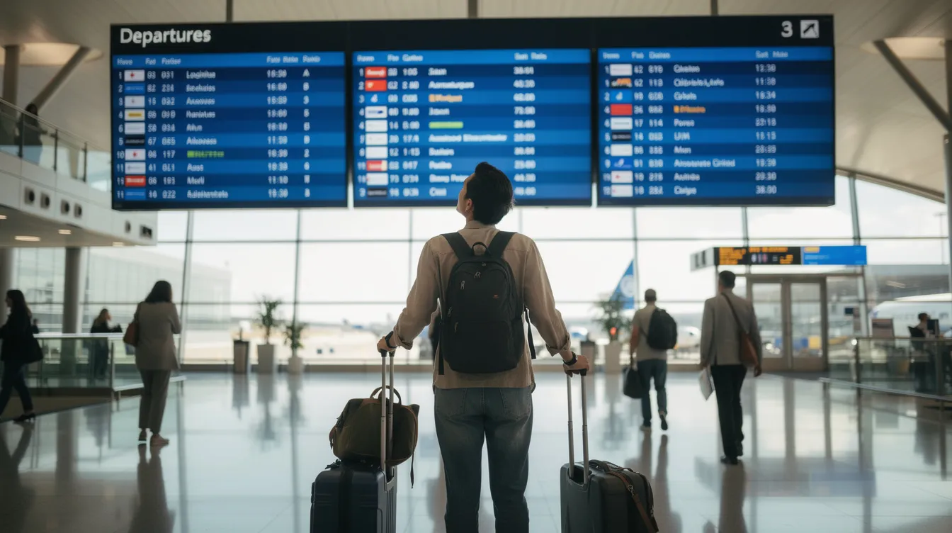 A traveler stands in an airport, surrounded by luggage, intently gazing at the departure screens that display flight information. This scene captures the essence of international travel, highlighting the importance of having the right driving credentials, such as an international driving permit, to navigate local driving laws in foreign countries.
