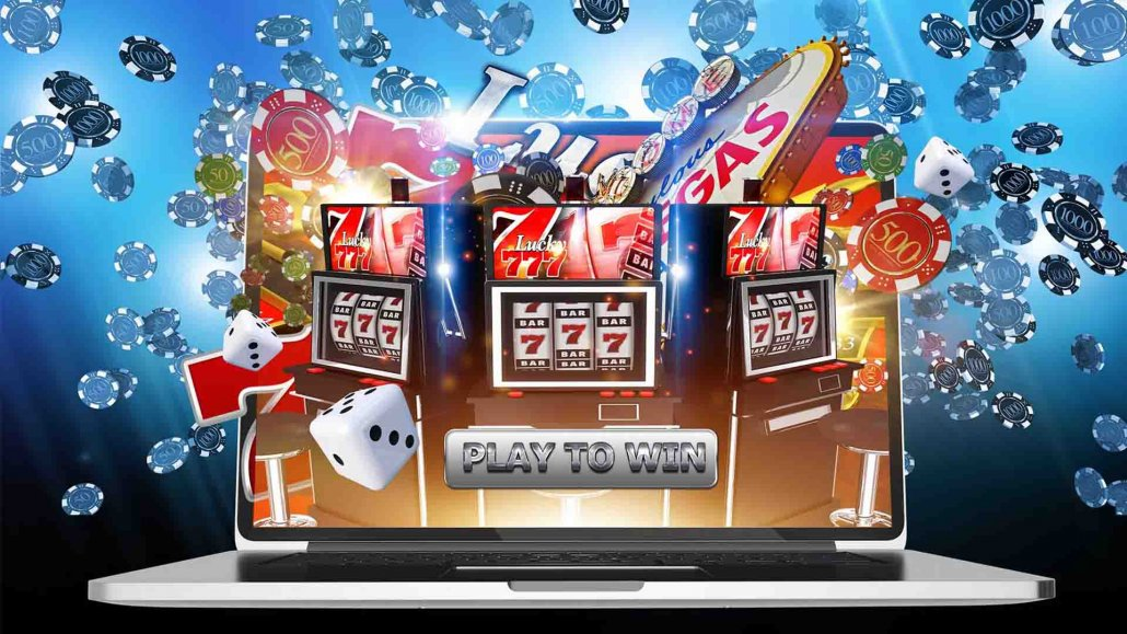 Laptop with slot machines, dice and casino chips flying out the screen