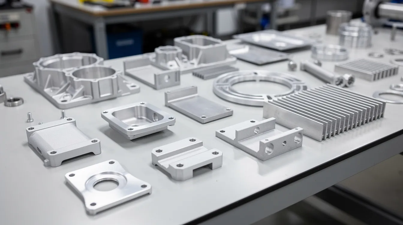 An array of precision aluminum die cast parts, including housings, brackets, and heat sinks, is neatly arranged on a workbench, showcasing the intricate details and smooth surfaces achieved through the die casting process. These high precision metal components demonstrate the capabilities of die casting services in producing complex geometries with tight tolerances.