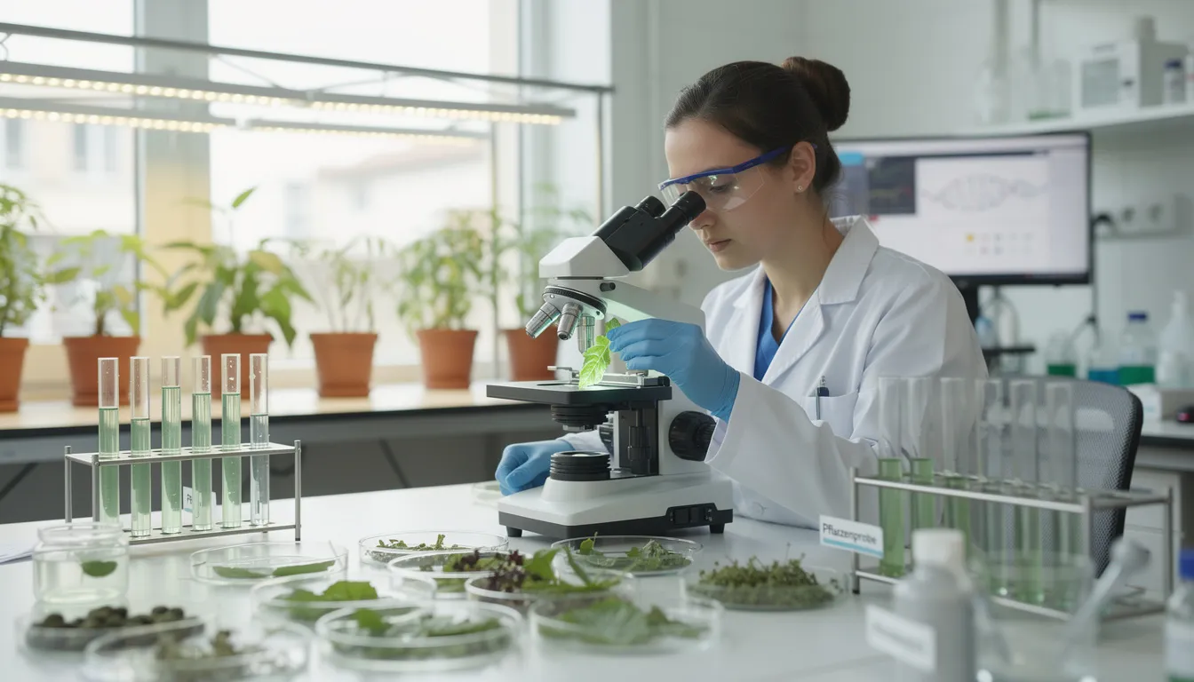 Ein Wissenschaftler in einem modernen Labor untersucht sorgfältig Pflanzenproben unter einem Mikroskop, um die Qualität und Wirkung von Cannabinoiden wie CBD und HHC zu analysieren. Der Raum ist mit verschiedenen Laborgeräten ausgestattet, die für die Analyse von Cannabisprodukten und deren Sorten verwendet werden.