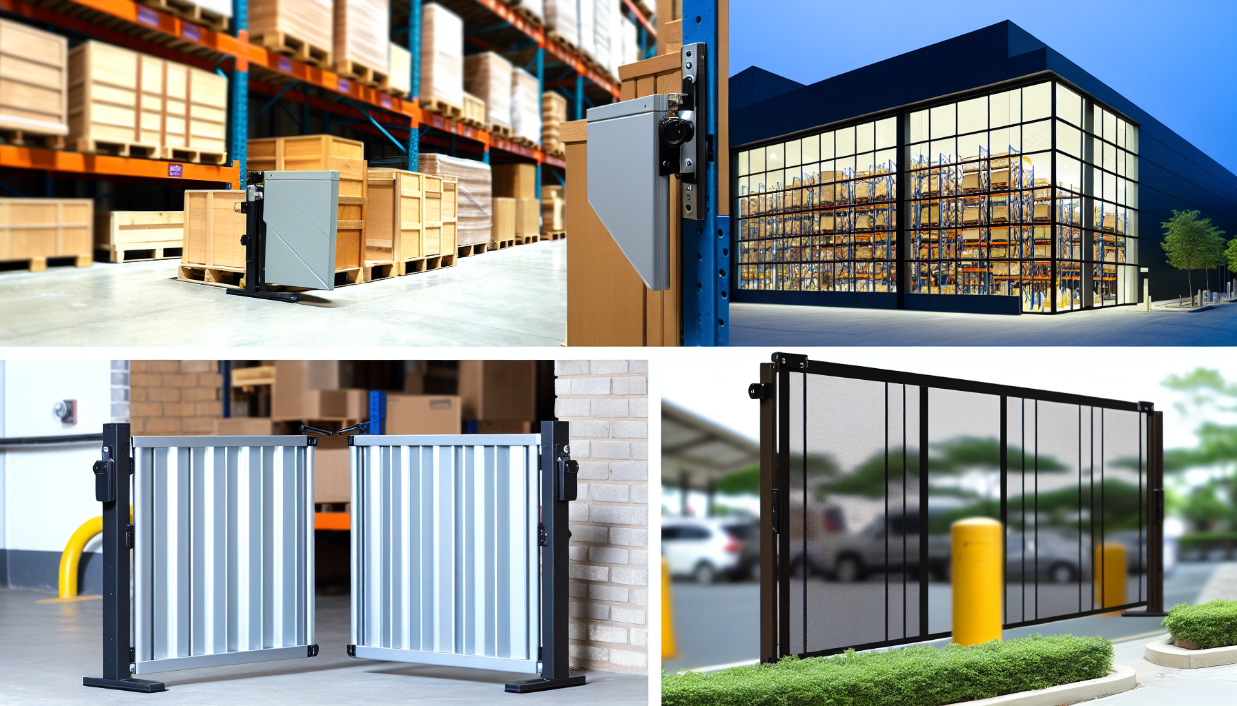 Various folding security gates in different settings