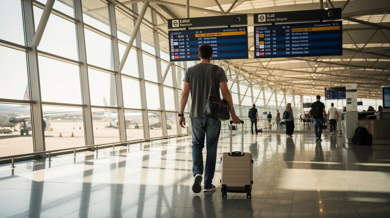 A person is walking through an international airport terminal, pulling a suitcase behind them, surrounded by travelers and various shops. The scene captures the bustling atmosphere typical of a major airport, reflecting the diverse backgrounds of passengers, including those from the 香港特別行政區.
