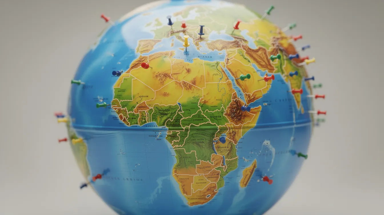 The image depicts a vibrant globe adorned with colorful pins that mark various countries across Asia and Africa, symbolizing the diverse locations for international money transfers. This visual representation highlights the importance of services like Ace Money Transfer and Western Union in facilitating seamless global transactions.