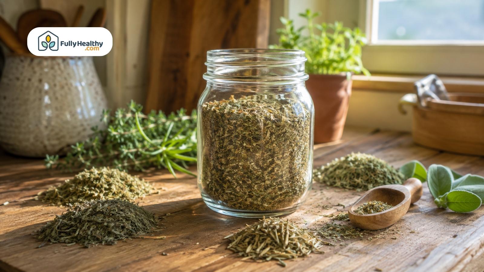 Glass jar filled with Italian seasoning surrounded by dried and fresh herbs