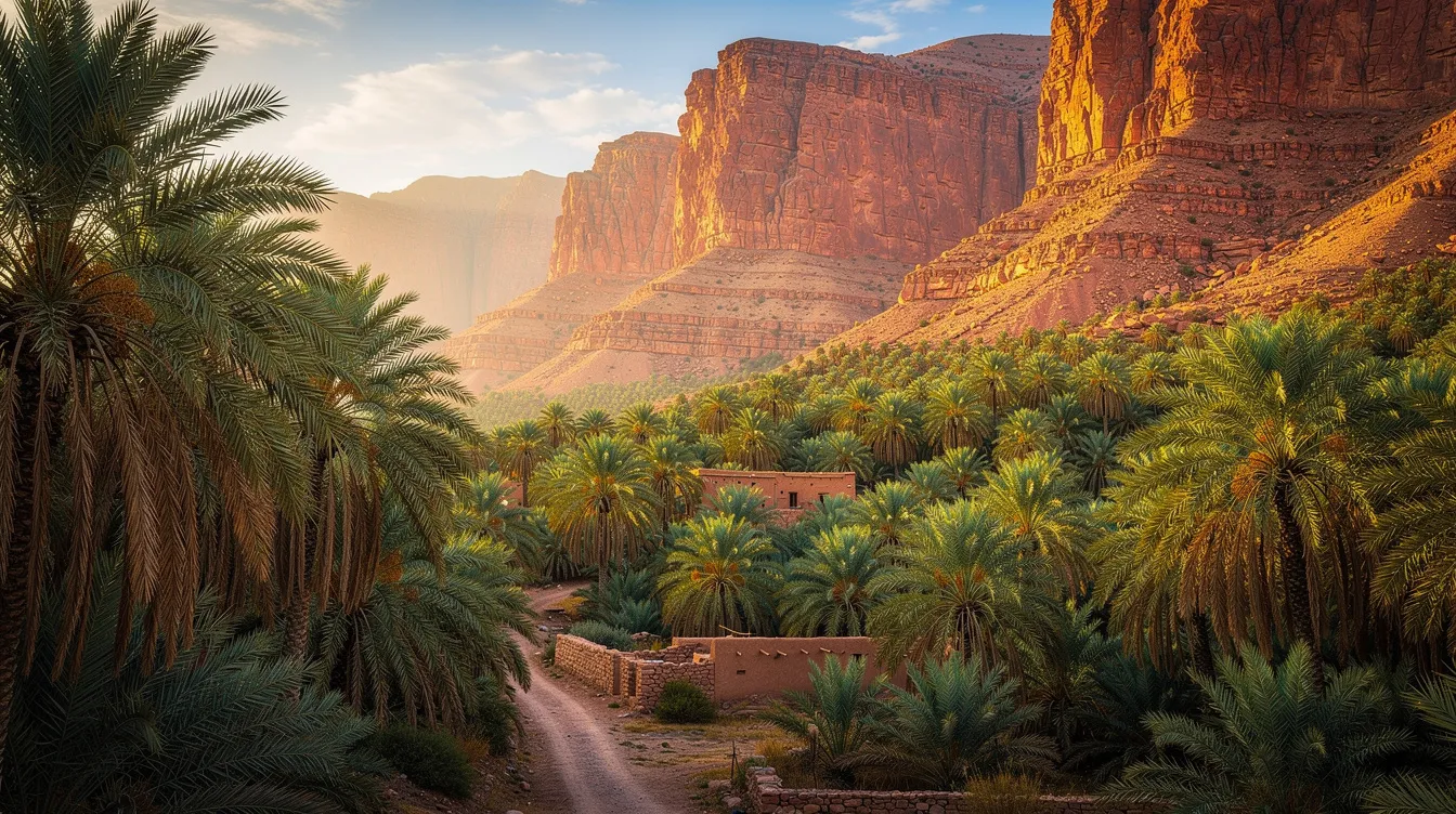 The image depicts a scenic view of a lush green palm grove valley surrounded by striking red rocky mountains, offering a breathtaking contrast typical of the Merzouga area. This picturesque landscape is reminiscent of the stunning vistas encountered during a 3-day tour from Fes to Merzouga, where travelers can explore the golden dunes and enjoy the local culture.