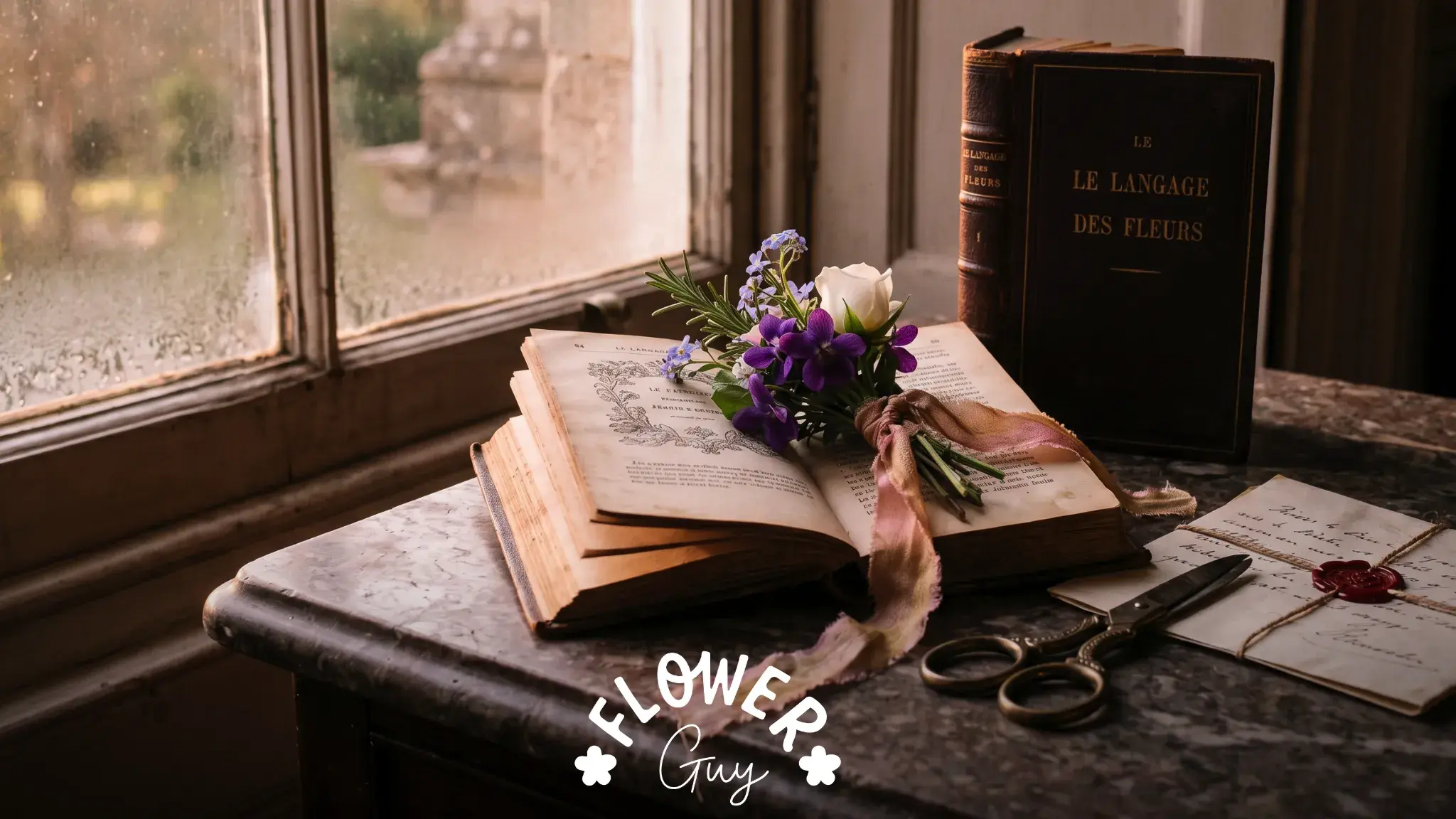 Open Victorian floriography book with a small posy of violets, forget-me-nots and white rosebud at dawn