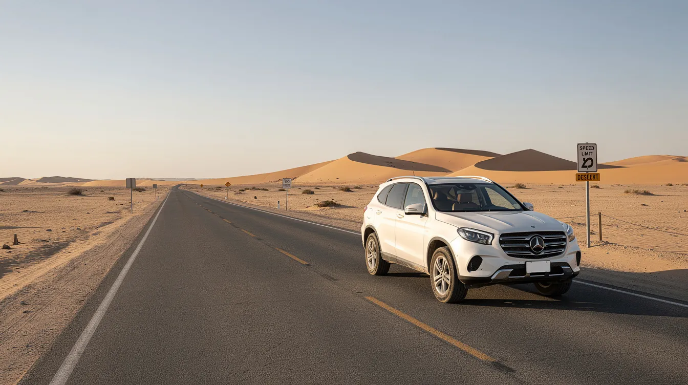 SUV بيضة واقفة فطريق صحراوية، والكثبان ديال الرملة فالأفق.