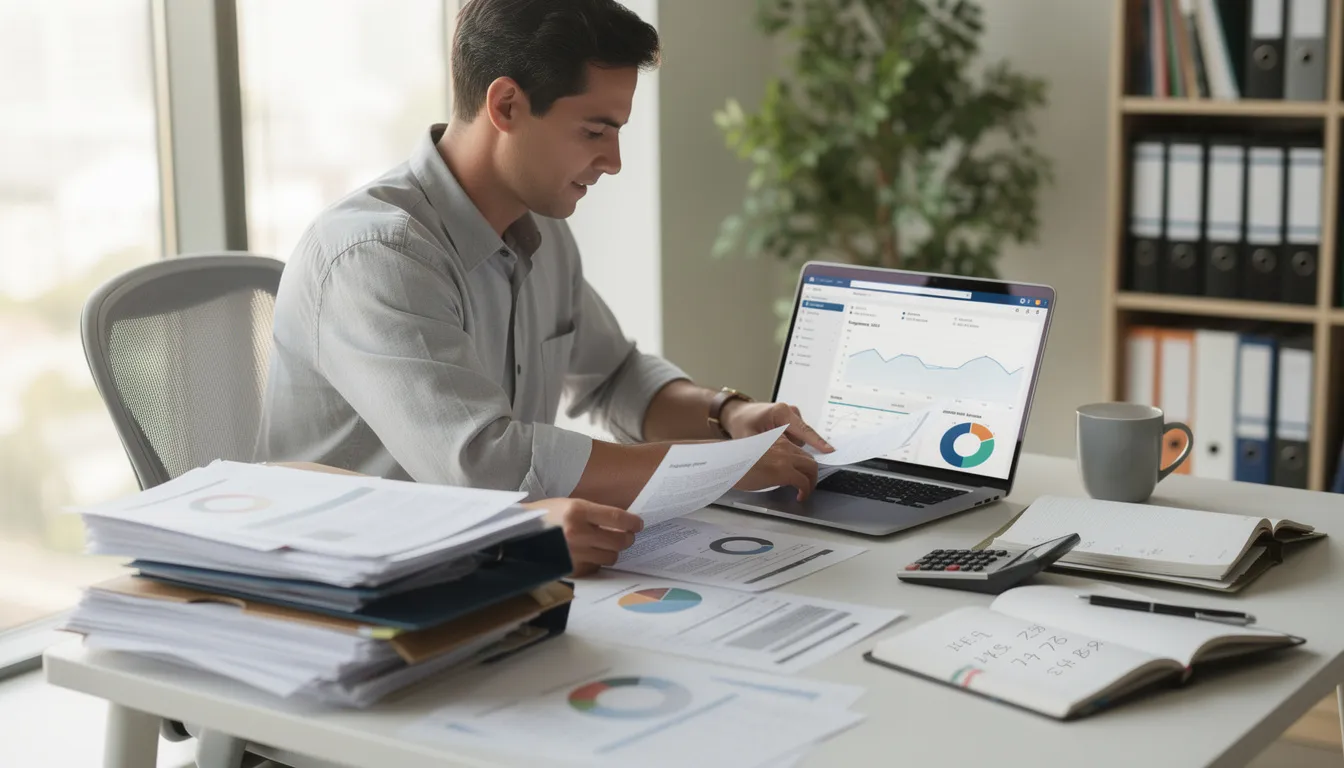 The image depicts a person sitting at a table, organizing various financial documents while using a laptop for financial planning. They appear focused on understanding the tax implications of annuity payments and retirement plans, highlighting the importance of managing tax obligations and preparing for future income.