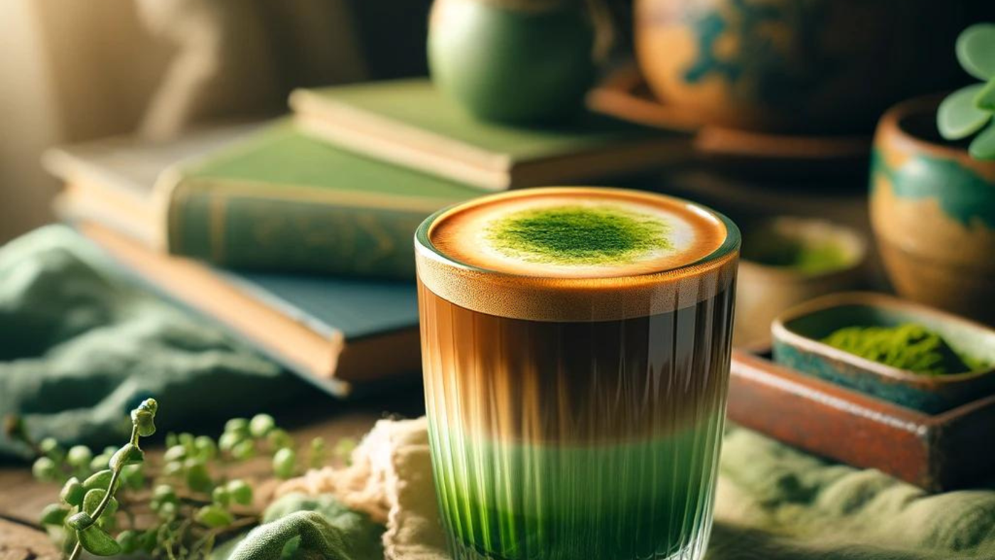 A tall glass of creamy matcha latte with a shot of espresso