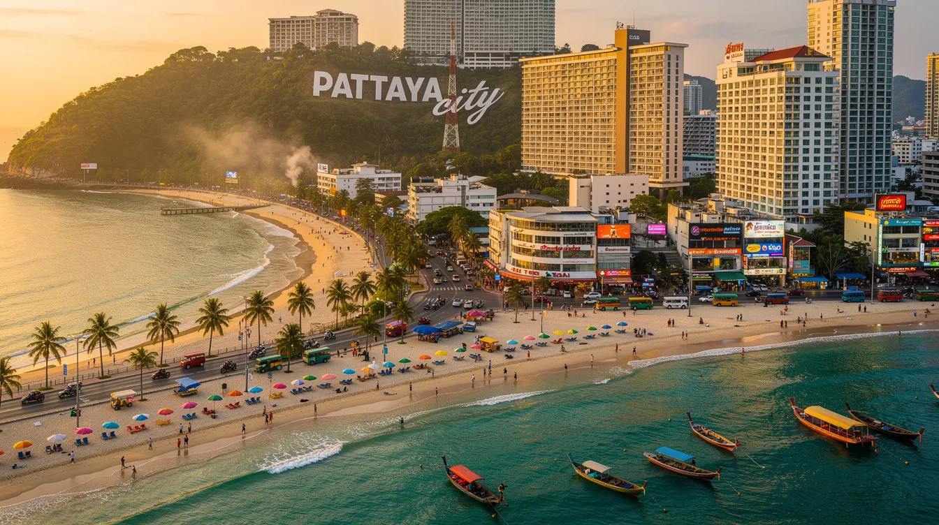 A imagem retrata a vibrante cidade de Pattaya, na Tailândia, famosa por suas praias paradisíacas e vida noturna agitada. Ao fundo, é possível ver o Golfo da Tailândia, com águas cristalinas e barcos de turistas navegando, enquanto a arquitetura moderna e os templos tailandeses se destacam na paisagem urbana.