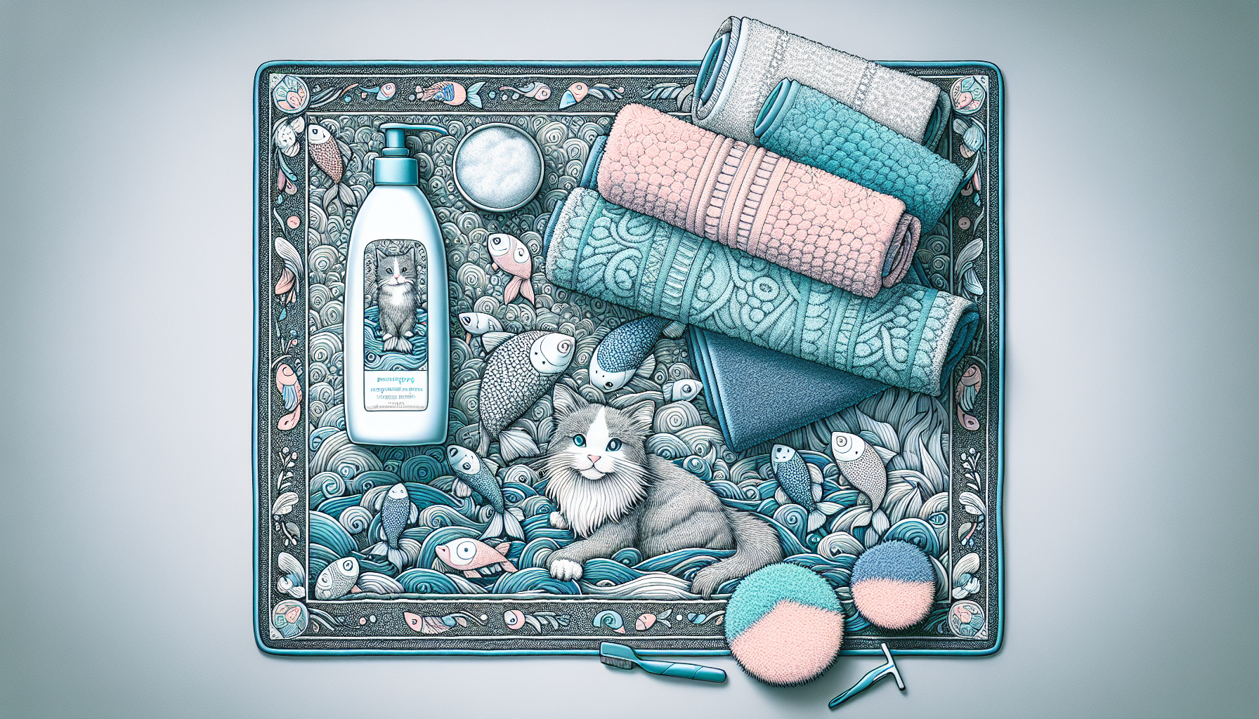 Illustration of essential supplies for a cat bath