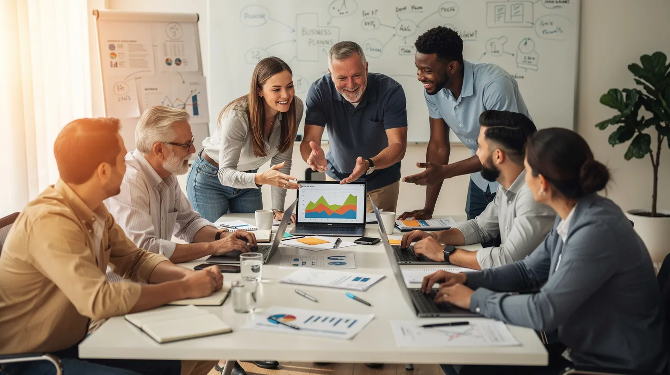 A small business team is gathered around a conference table, engaging in a discussion with laptops open, utilizing collaboration tools to enhance productivity. They are likely sharing documents and planning their next steps, showcasing the importance of teamwork in a modern business environment supported by Microsoft 365 solutions.