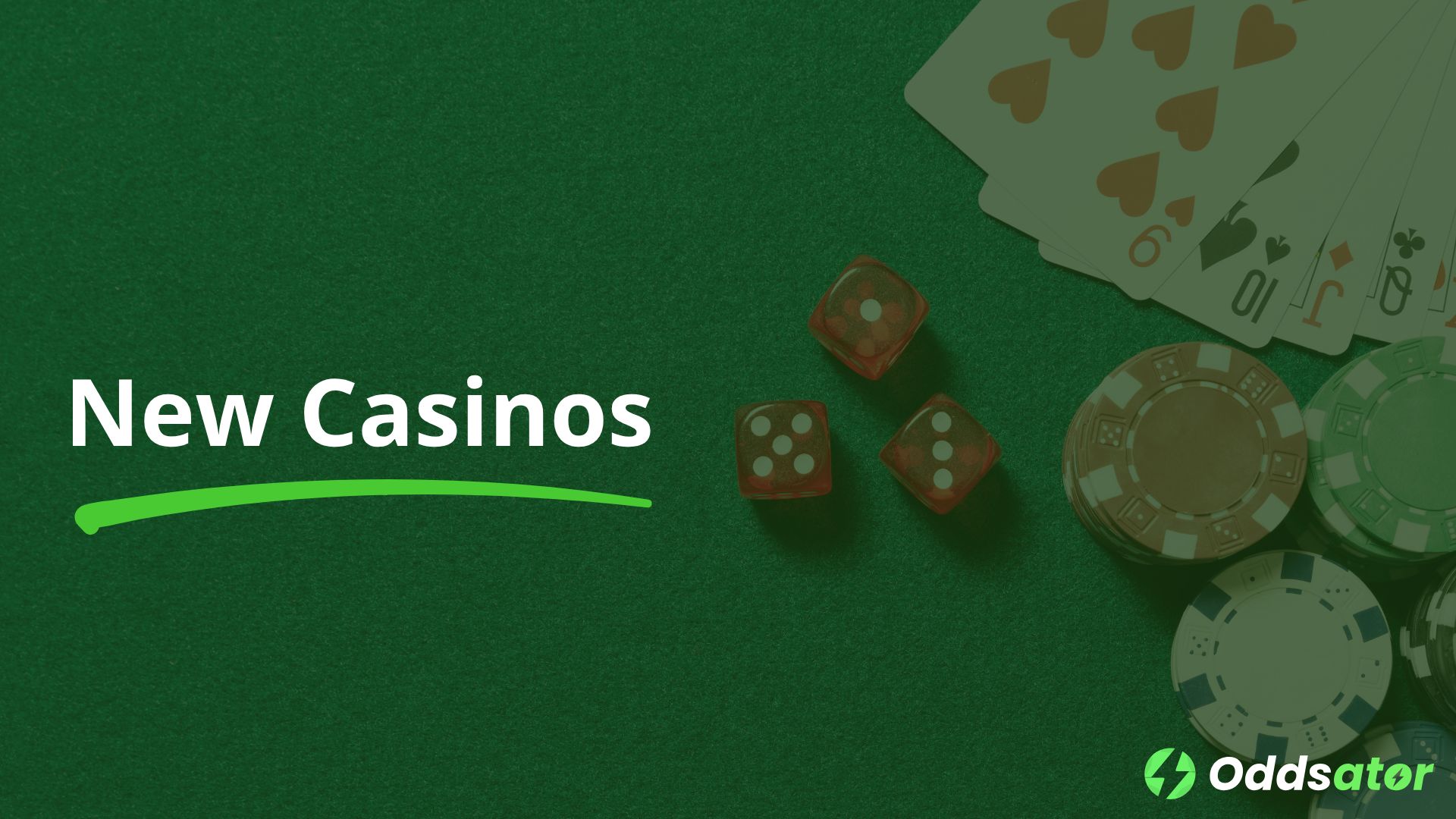 New casinos banner with playing cards, dice and casino chips on a green table.