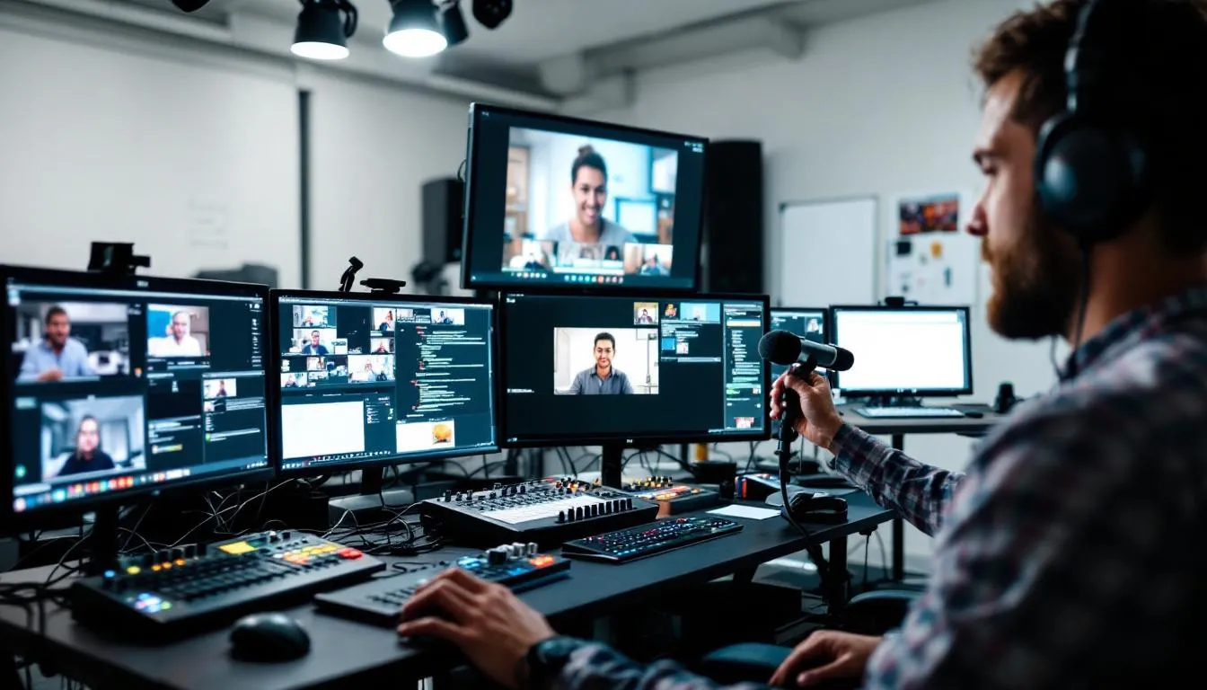 In this behind-the-scenes view, a production team is diligently managing a live webinar, surrounded by multiple monitors and control equipment, ensuring a seamless and high-quality online event. The experienced webinar producers are focused on engaging the audience and addressing technical issues to deliver a successful webinar.