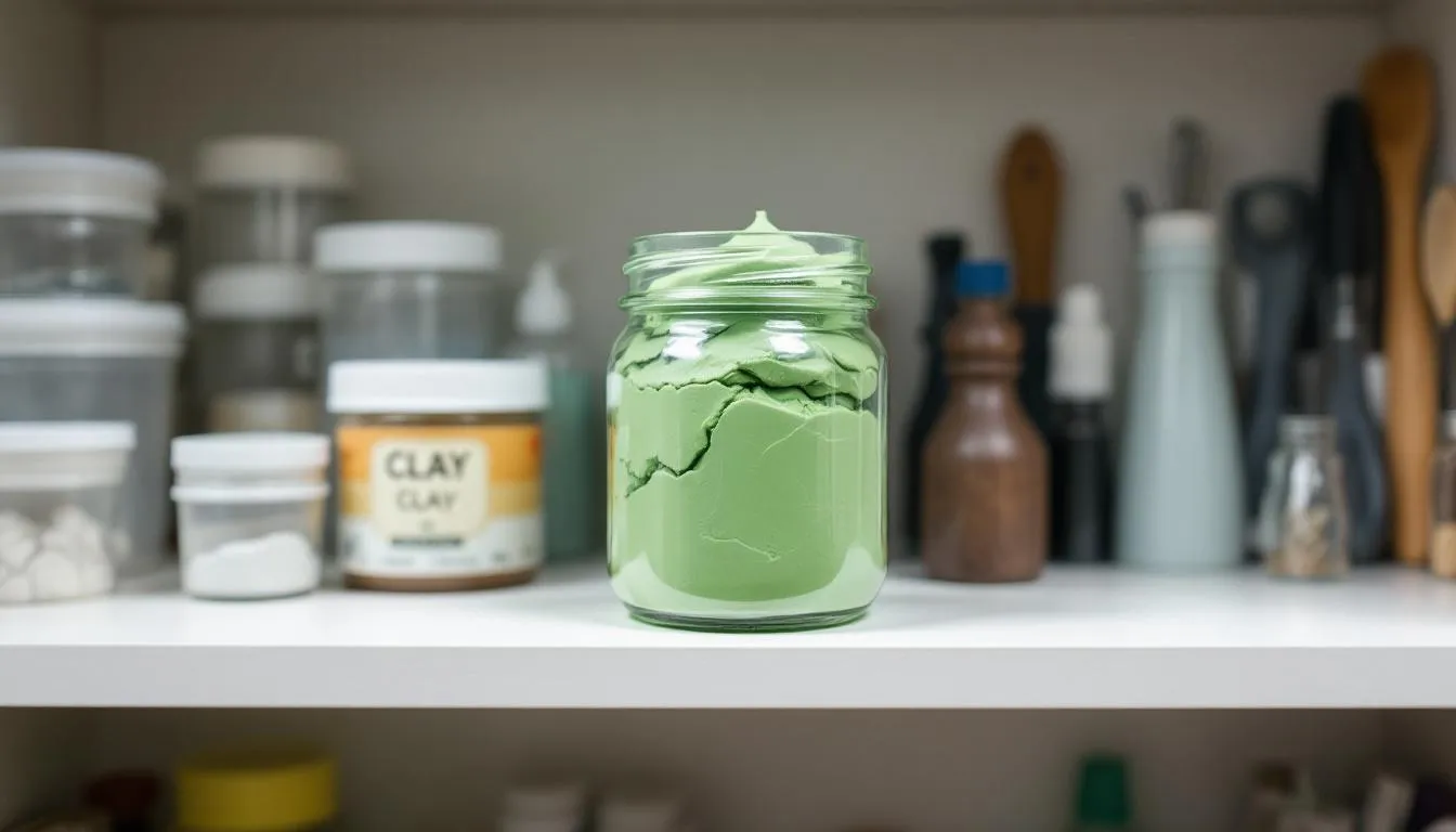 Un bocal en verre hermétique contient de l'argile verte soigneusement rangé dans un placard organisé. Cette argile, reconnue pour ses bienfaits en cosmétique et en soins de la peau, est prête à être utilisée pour des masques ou des cataplasmes.