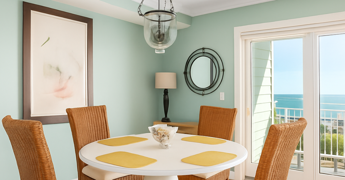 Coastal-style dining room inside a condo at The Pointe at Moores Inlet, featuring four wicker chairs, round dining table, and sliding glass doors opening to a balcony with ocean views.