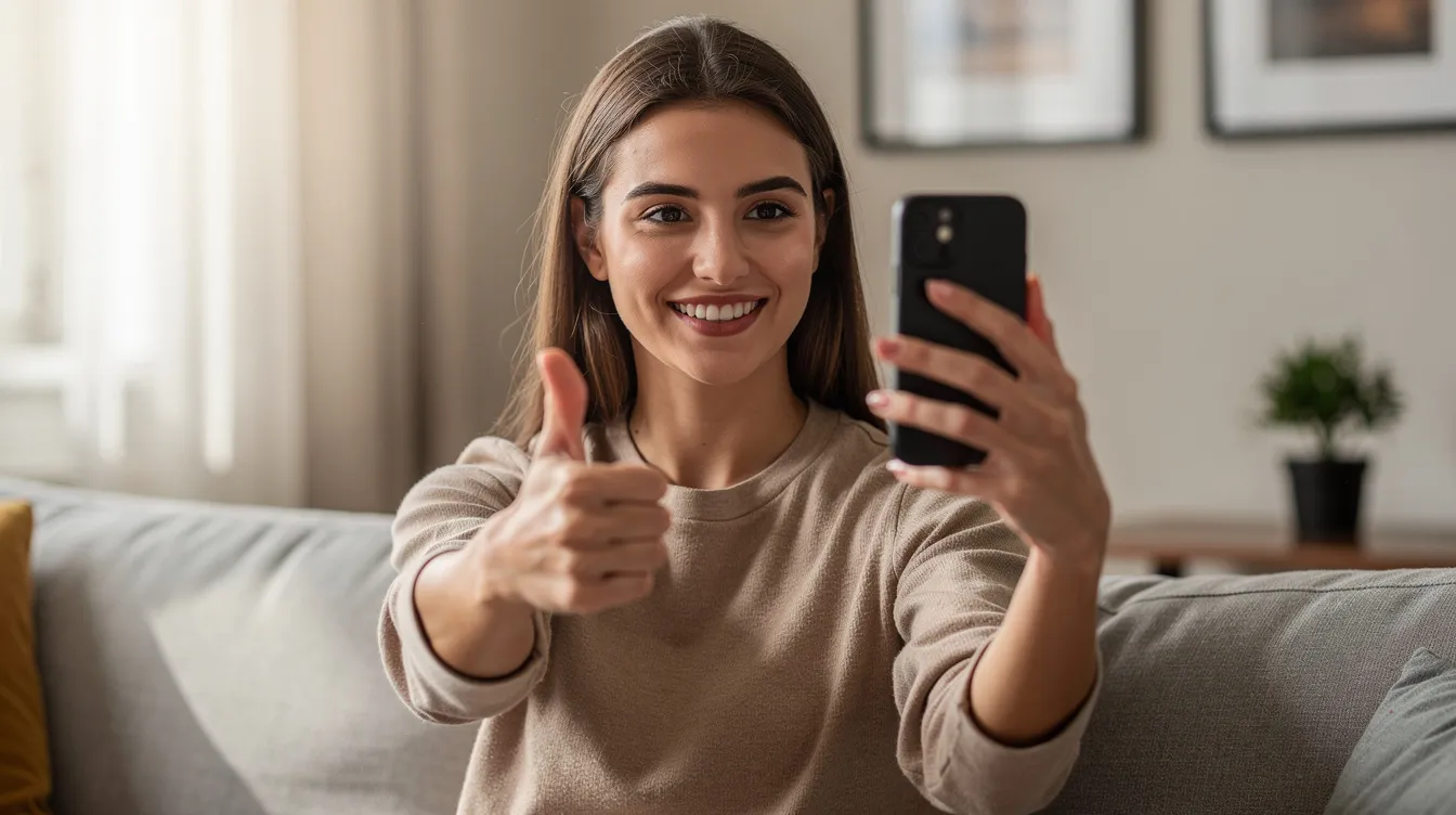 Une jeune femme souriante montre un pouce levé tout en utilisant son téléphone pour filmer à la maison. Cette scène illustre l'importance du marketing de contenu et de l'affiliation dans la création de contenu engageant pour les réseaux sociaux.