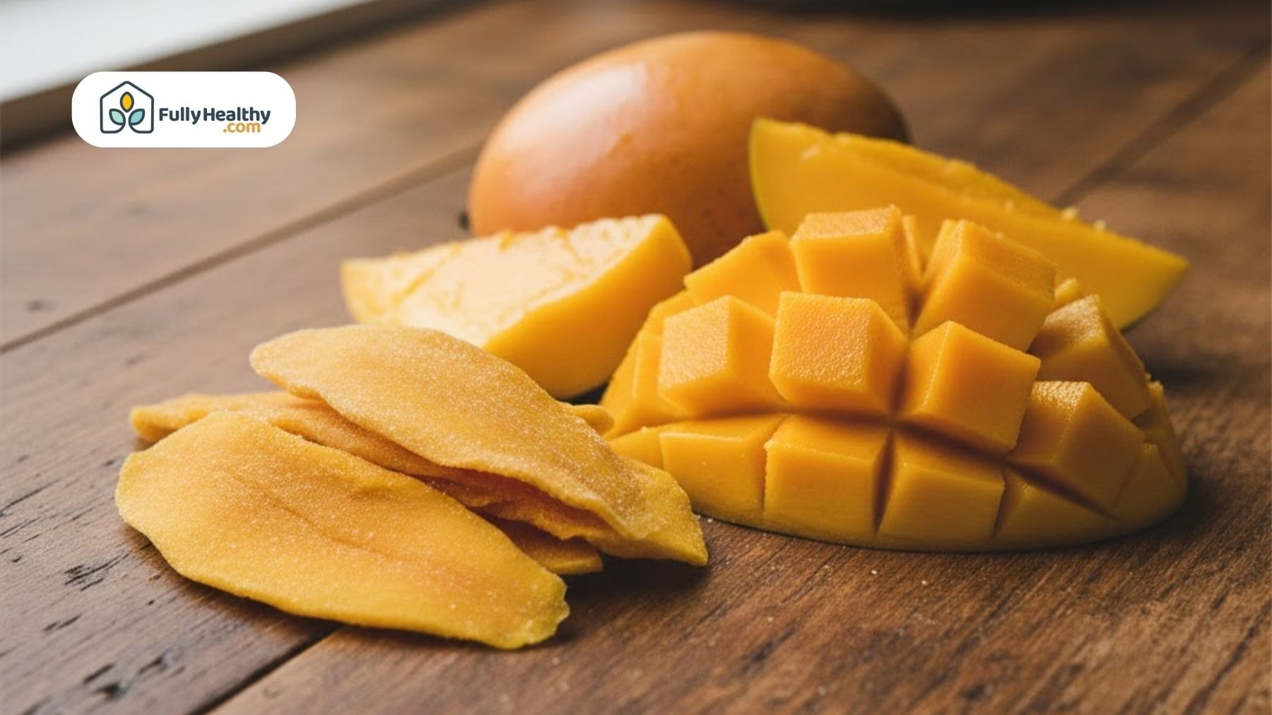Dried mango slices beside fresh mango pieces on a wooden surface.