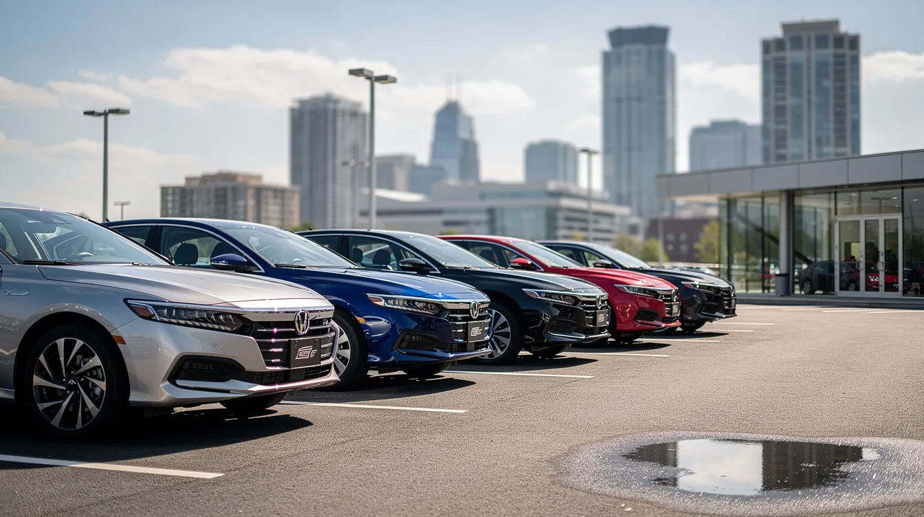 The image shows a line of vehicles parked at a car dealership lot, with tall city buildings visible in the background. This scene reflects the auto transport industry, highlighting the variety of vehicles that may be available for car shipping services.