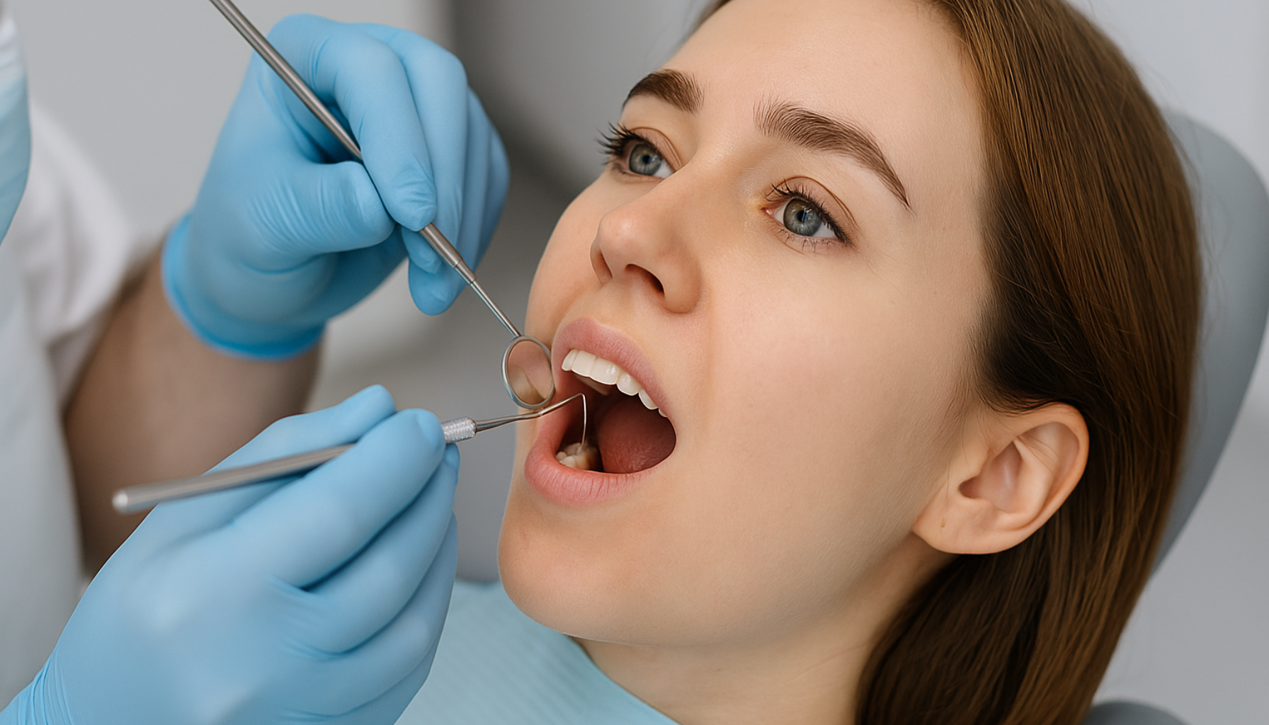 Tannlege undersøker kvinnes tenner med speil og instrumenter i moderne klinikk, vurderer alternativer til rotfylling.