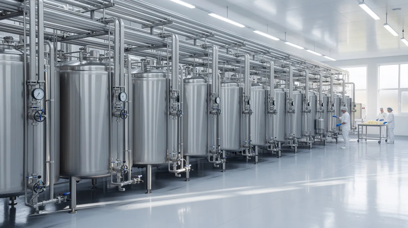 e5d0885d 9907 49b6 8c00 f8c47a862b8b The image depicts the interior of a modern stainless steel industrial cheese manufacturing facility, showcasing large cheese vats and extensive piping systems essential for cheese production. This environment highlights the operational efficiency and advanced production processes involved in making various types of dairy products, such as cheddar and cottage cheese.