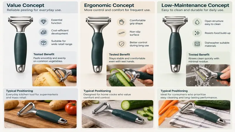 Retail positioning board comparing value, ergonomic, and low-maintenance Y peeler concepts with one tested benefit for each.