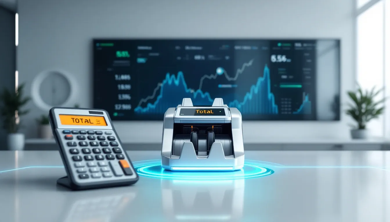 A collection of tools for accurate money counting including a money counter and calculator.