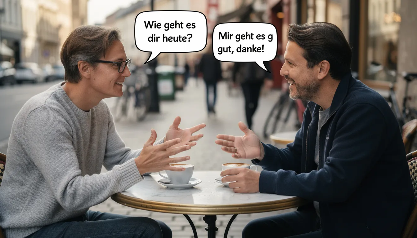 Zwei Personen führen ein Gespräch auf Deutsch, wobei sie sich über das Lernen der deutschen Sprache austauschen. Sie diskutieren Tipps und Strategien, um die Deutschkenntnisse zu verbessern und die Herausforderungen des Lernprozesses zu meistern.