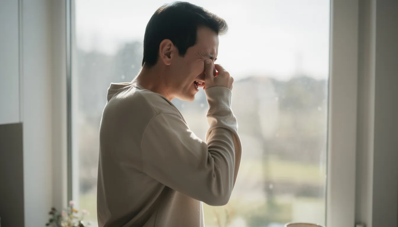 A person is standing near a window, sneezing and covering their nose, possibly due to mold exposure, which can trigger allergic reactions and asthma symptoms. The image highlights the importance of maintaining fresh air and addressing indoor mold growth to avoid health issues.