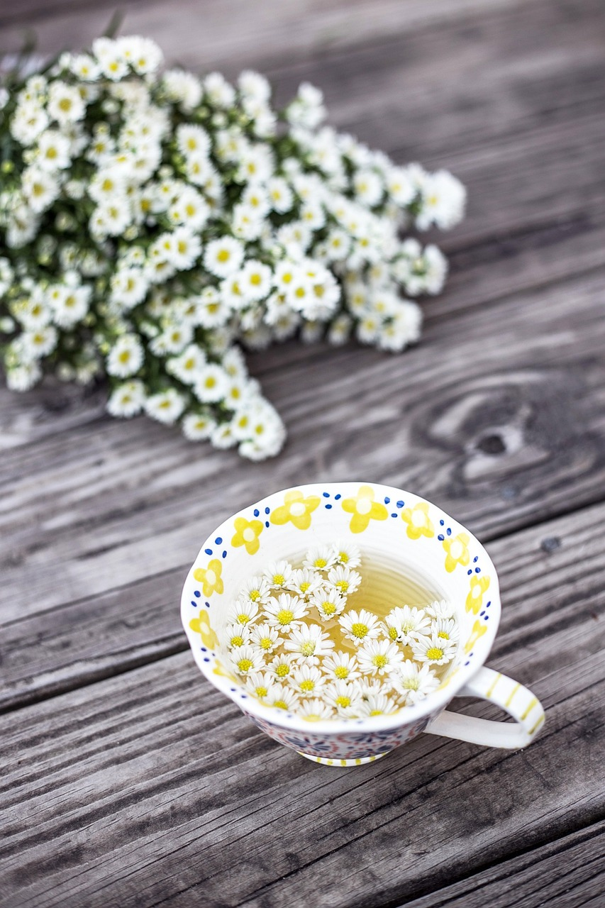 An image of a cup of chamomile tea with camomile flowers floating on top.