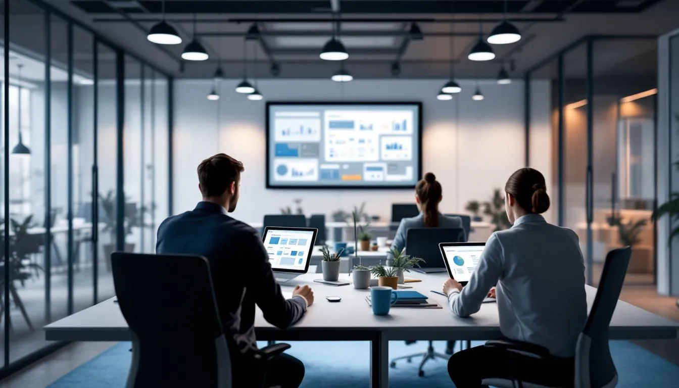 &Eacute;quipe collaborant sur un projet &agrave; l'aide d'une tablette, utilisant une application de gestion de projet.